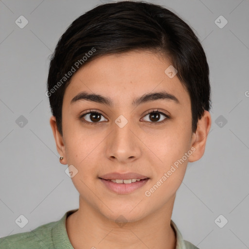 Joyful white young-adult female with short  brown hair and brown eyes