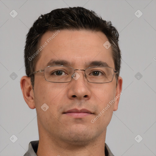 Neutral white young-adult male with short  brown hair and brown eyes