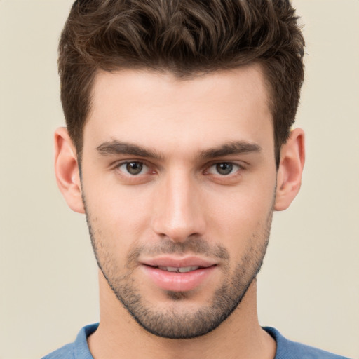 Neutral white young-adult male with short  brown hair and brown eyes