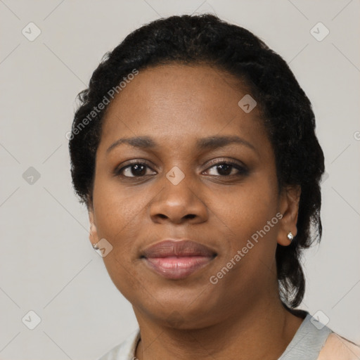 Neutral black young-adult female with short  black hair and brown eyes