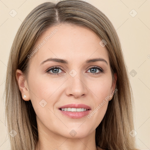 Joyful white young-adult female with long  brown hair and grey eyes