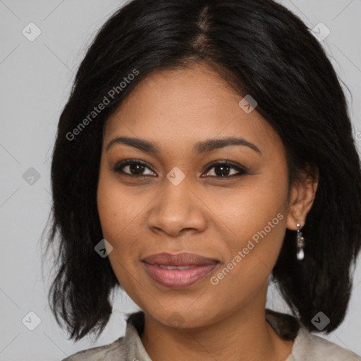 Joyful black young-adult female with medium  brown hair and brown eyes