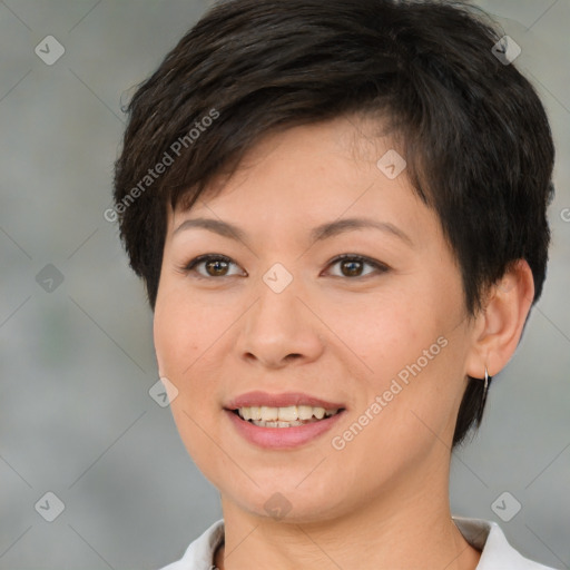 Joyful white young-adult female with medium  brown hair and brown eyes