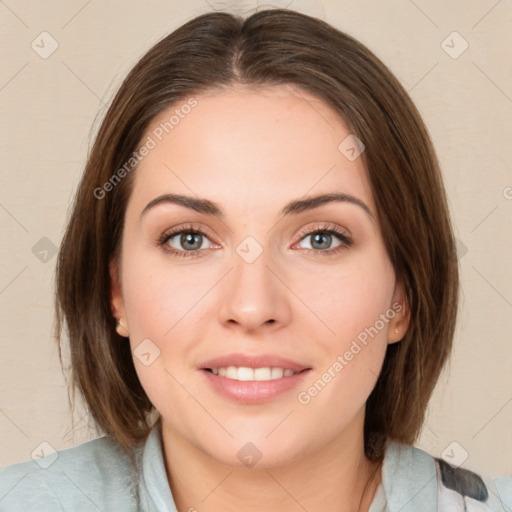 Joyful white young-adult female with medium  brown hair and green eyes