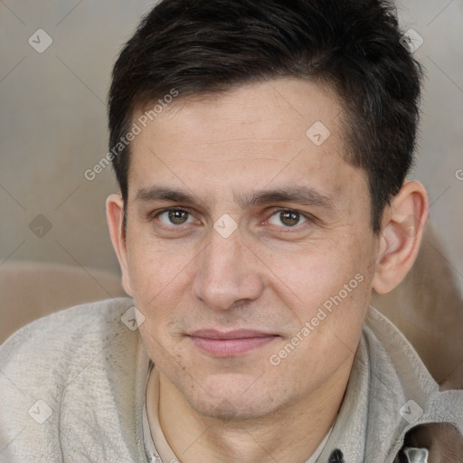 Joyful white adult male with short  brown hair and brown eyes