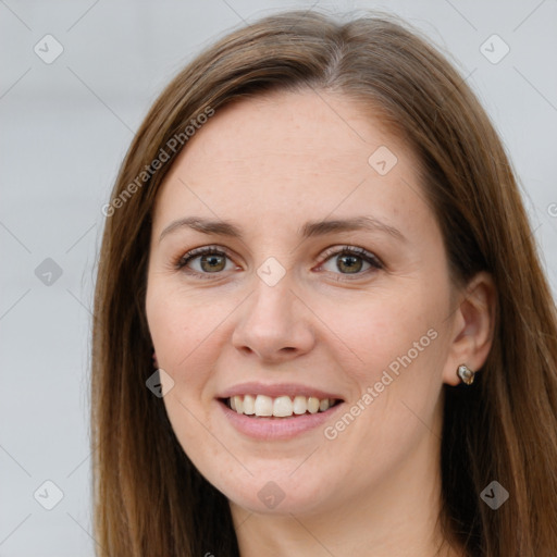 Joyful white young-adult female with long  brown hair and grey eyes