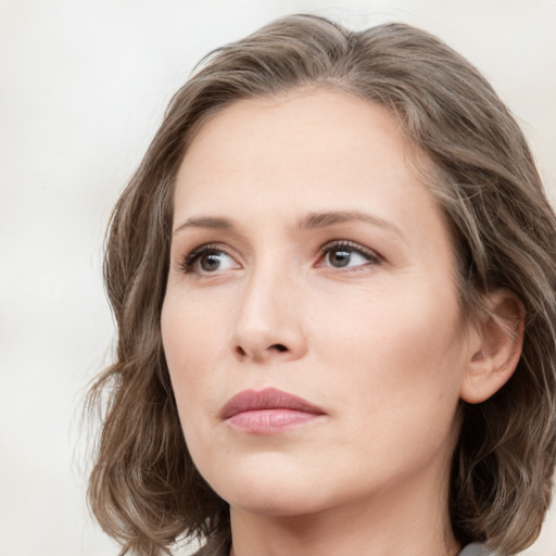 Neutral white young-adult female with long  brown hair and grey eyes