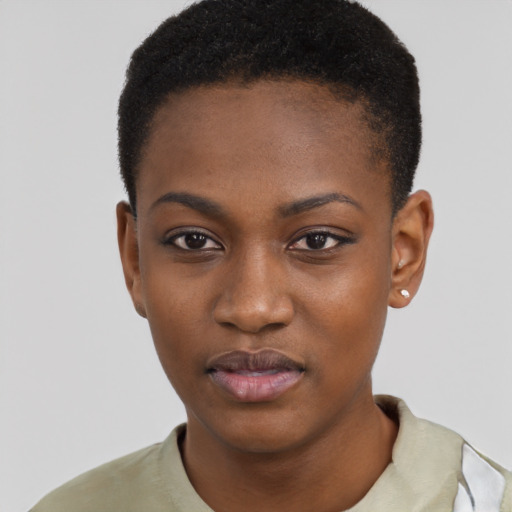 Neutral black young-adult female with short  black hair and brown eyes