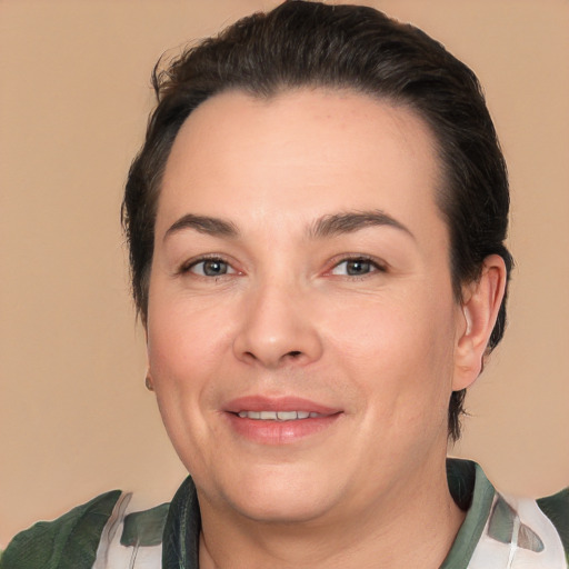 Joyful white adult female with medium  brown hair and brown eyes