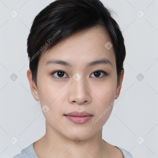 Neutral asian young-adult female with short  black hair and brown eyes