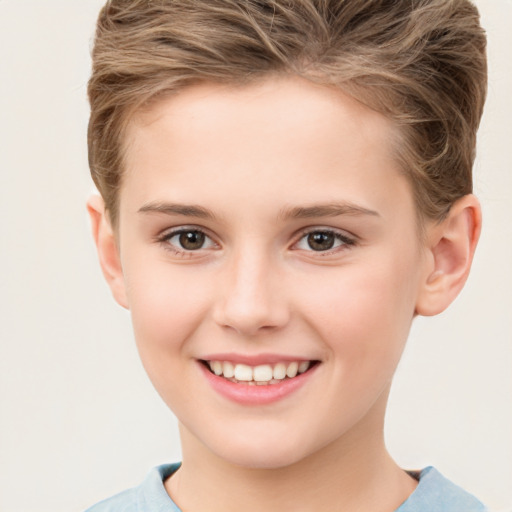 Joyful white child female with short  brown hair and brown eyes