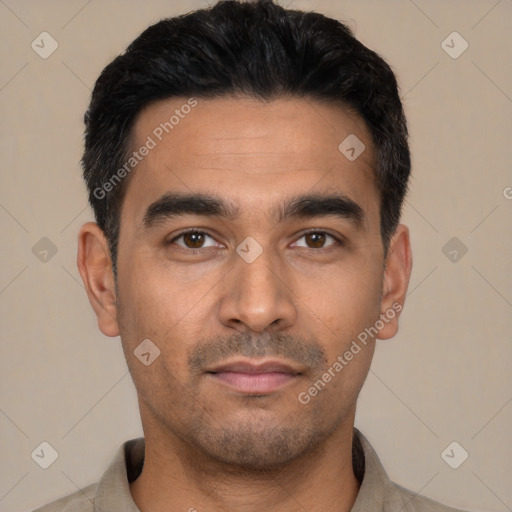 Neutral latino young-adult male with short  black hair and brown eyes