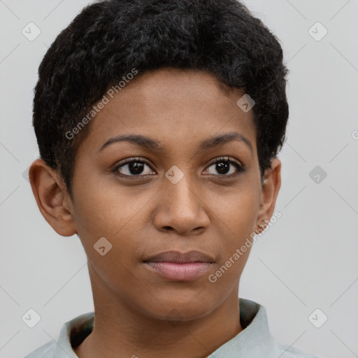 Neutral black young-adult female with short  brown hair and brown eyes