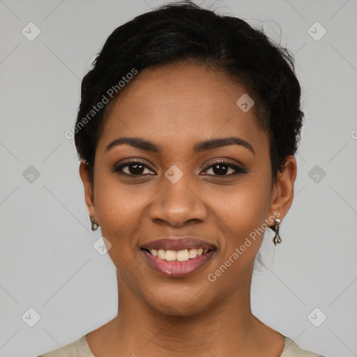 Joyful latino young-adult female with short  black hair and brown eyes