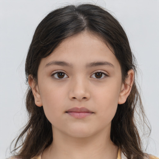 Neutral white child female with long  brown hair and brown eyes