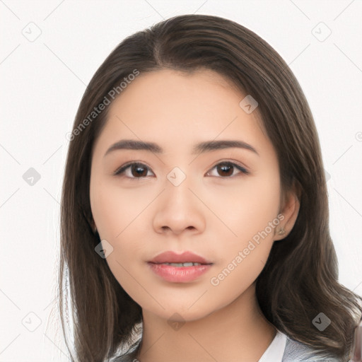 Neutral asian young-adult female with long  brown hair and brown eyes