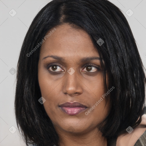 Joyful asian young-adult female with long  black hair and brown eyes