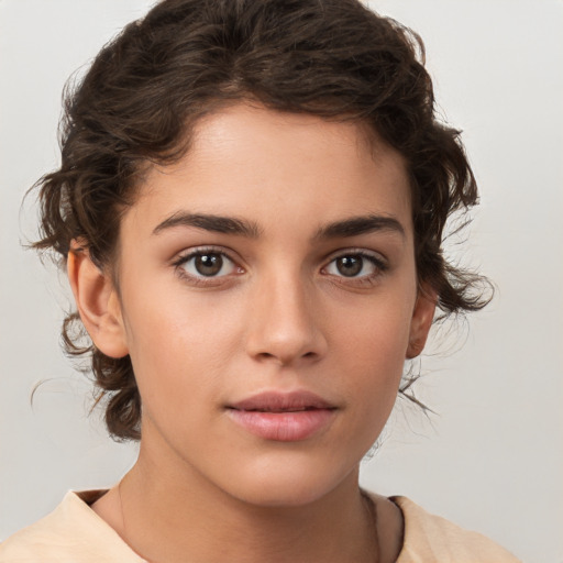 Neutral white young-adult female with medium  brown hair and brown eyes