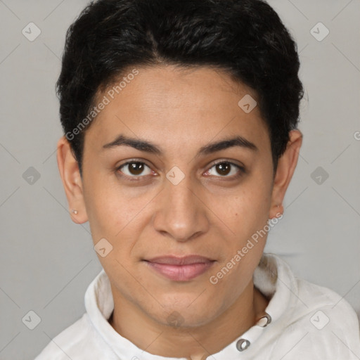 Joyful latino young-adult female with short  brown hair and brown eyes