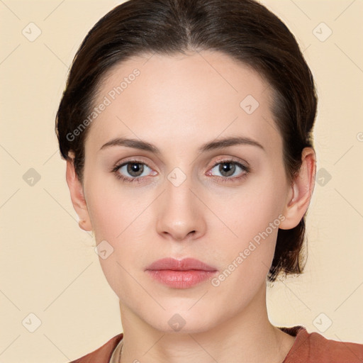 Neutral white young-adult female with medium  brown hair and brown eyes