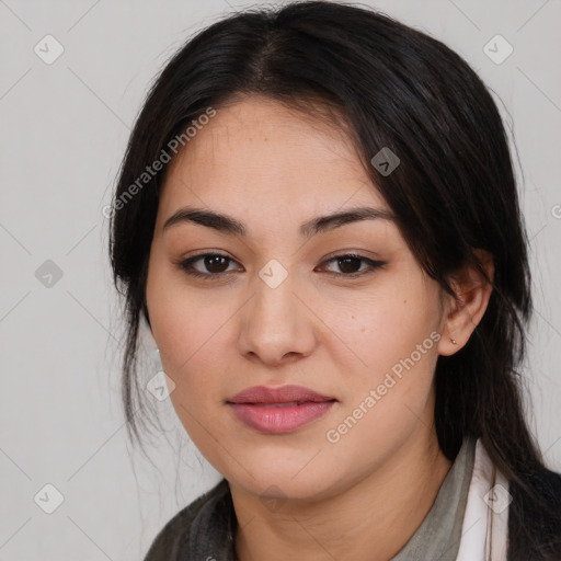 Joyful asian young-adult female with medium  black hair and brown eyes