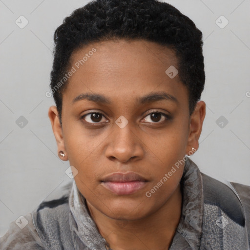 Neutral black young-adult female with short  black hair and brown eyes