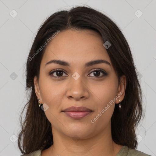 Joyful latino young-adult female with medium  brown hair and brown eyes