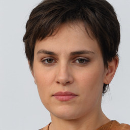 Neutral white young-adult female with short  brown hair and brown eyes