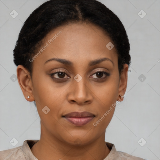 Joyful latino young-adult female with short  brown hair and brown eyes