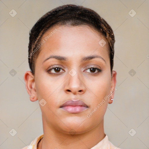 Neutral white young-adult female with short  brown hair and brown eyes