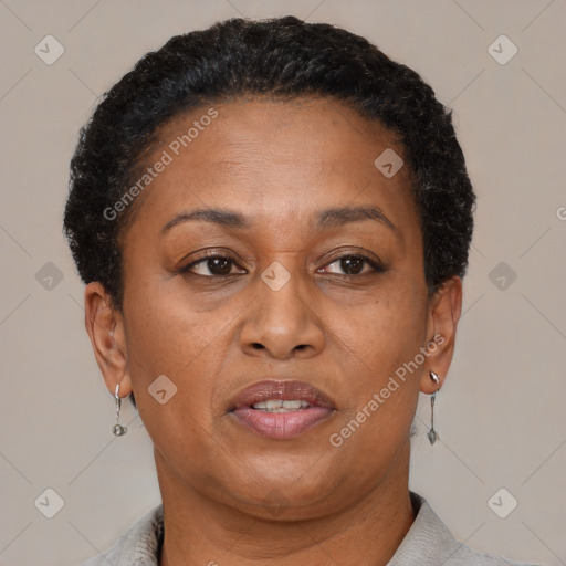 Joyful black adult female with short  brown hair and brown eyes