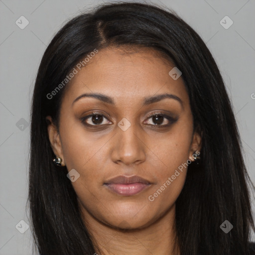 Joyful latino young-adult female with long  brown hair and brown eyes
