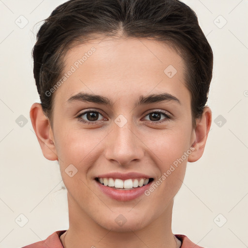 Joyful white young-adult female with short  brown hair and brown eyes