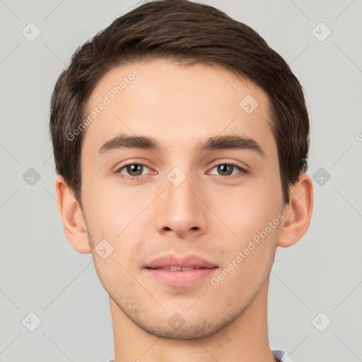 Neutral white young-adult male with short  brown hair and brown eyes