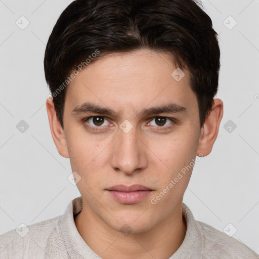 Neutral white young-adult male with short  brown hair and brown eyes