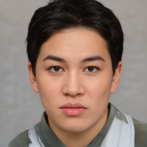 Neutral asian young-adult female with short  brown hair and brown eyes