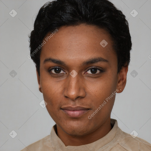 Neutral latino young-adult female with short  black hair and brown eyes