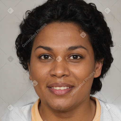 Joyful black young-adult female with medium  brown hair and brown eyes