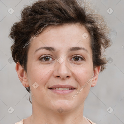 Joyful white adult female with short  brown hair and brown eyes