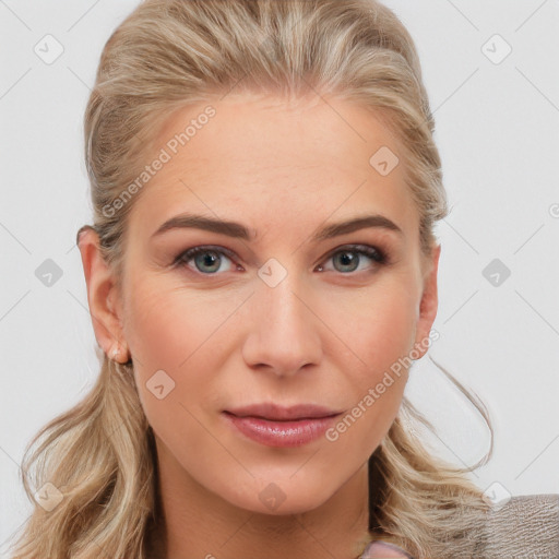 Joyful white young-adult female with long  brown hair and blue eyes