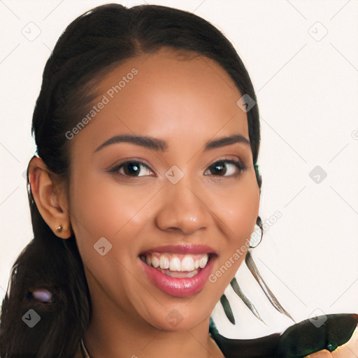 Joyful latino young-adult female with long  brown hair and brown eyes