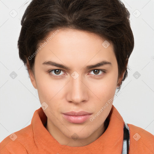 Neutral white young-adult female with short  brown hair and brown eyes