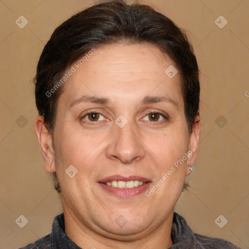 Joyful white adult female with short  brown hair and brown eyes