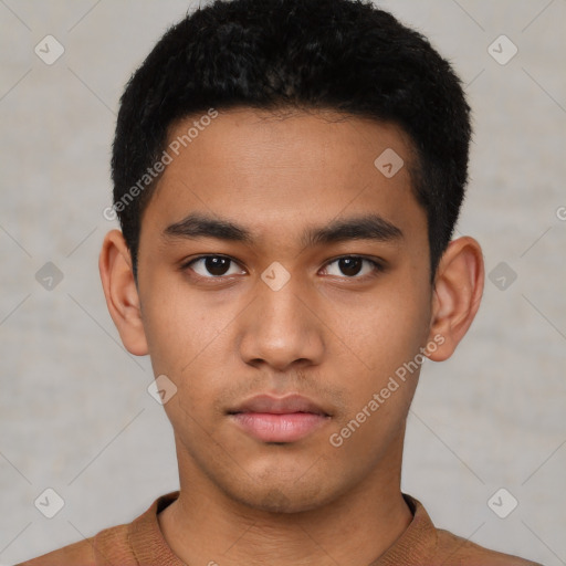 Neutral latino young-adult male with short  black hair and brown eyes