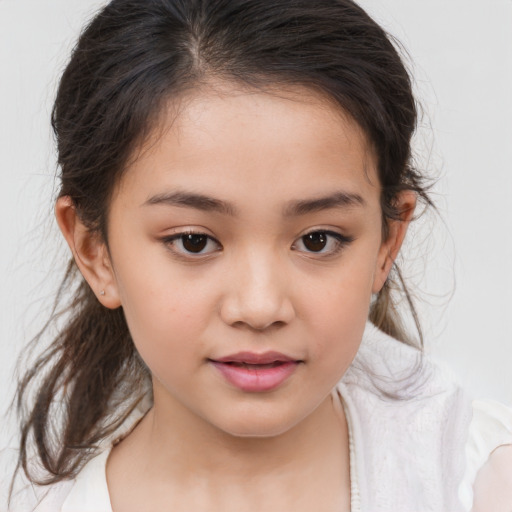 Joyful white child female with medium  brown hair and brown eyes