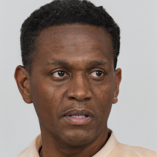 Neutral black adult male with short  black hair and brown eyes