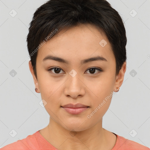 Joyful asian young-adult female with short  brown hair and brown eyes