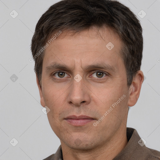 Neutral white adult male with short  brown hair and brown eyes