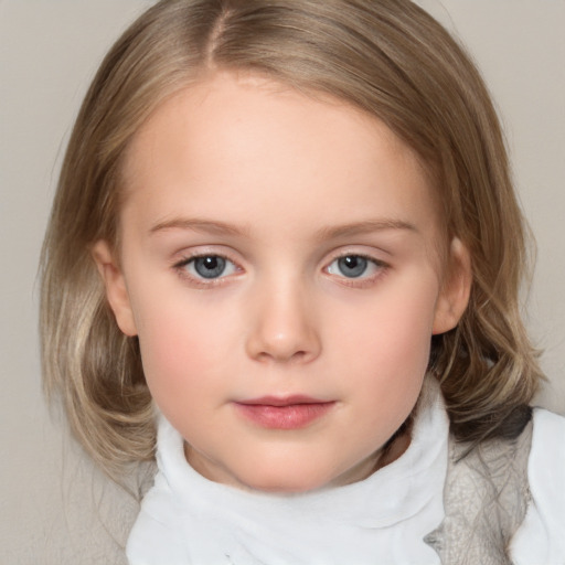 Neutral white child female with medium  brown hair and blue eyes