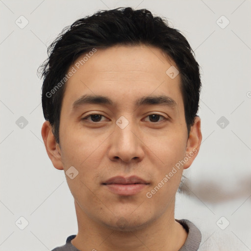 Neutral asian young-adult male with short  black hair and brown eyes